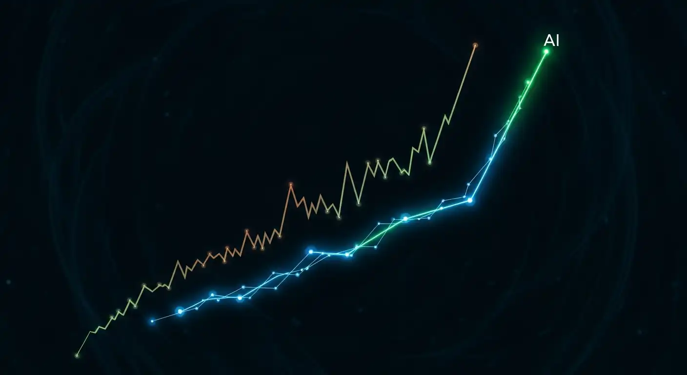 Grafica che mostra una mano umana che dirige un flusso di codice geometrico (IA).