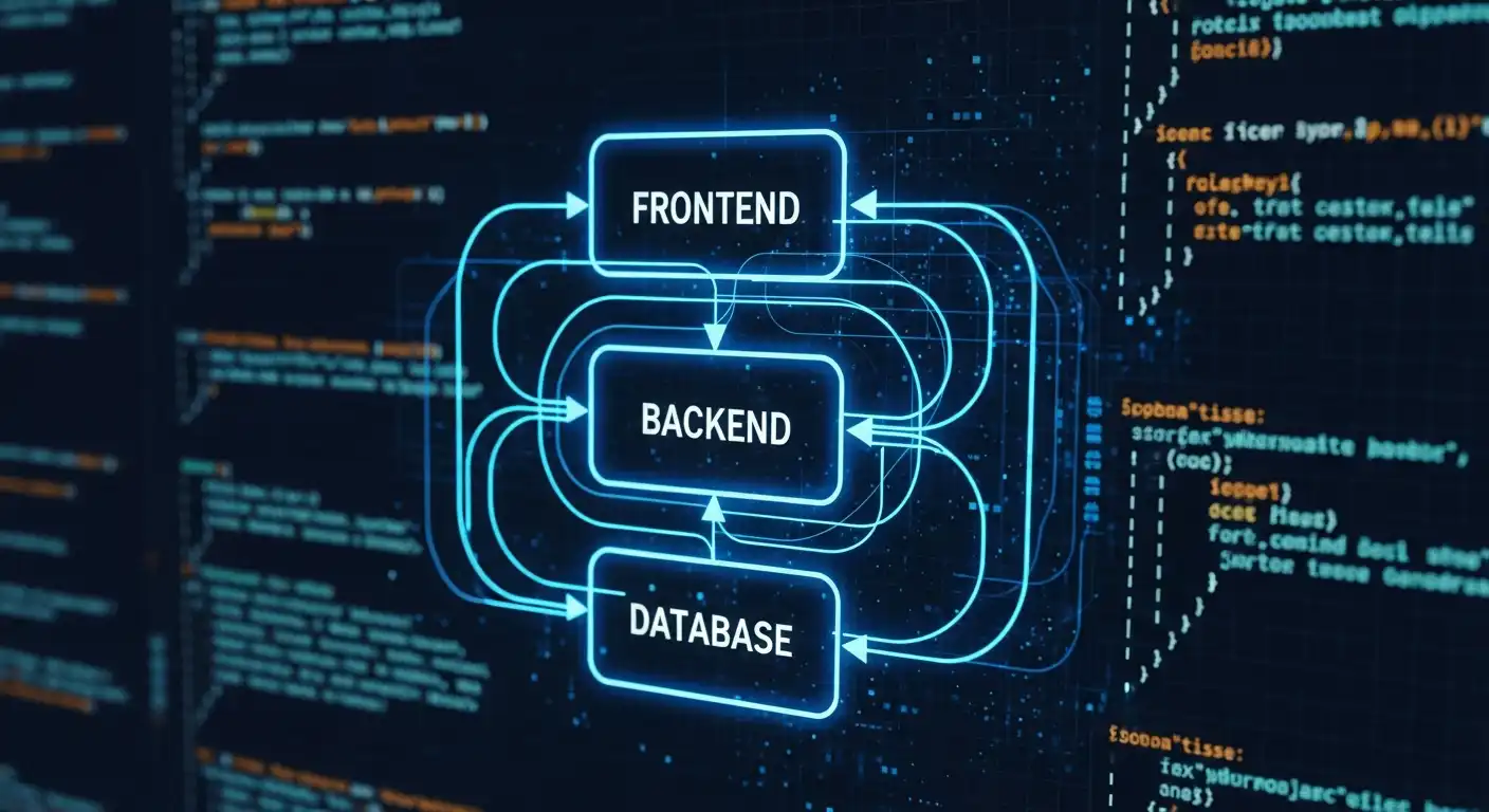 Diagramma di una struttura tecnologica unificata a tre strati (Frontend, Backend, Database).